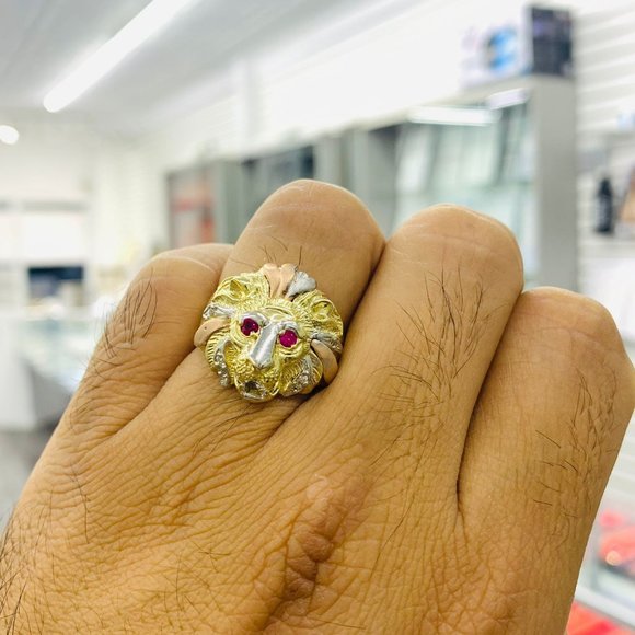 Anillo de Leon Tres Oros para Hombre Solid Gold 14K Tri Color Lion Head Ring #10 - Picture 7 of 9